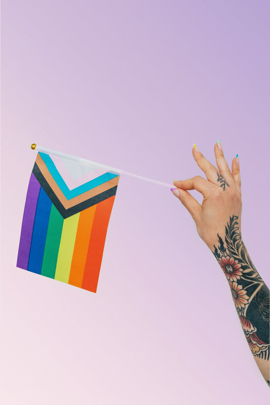 Hand holding a LBGTQIA+ Flag